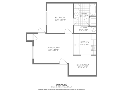 A drawing of a house layout with a bedroom, utility, kitchen, living room, and dining area.